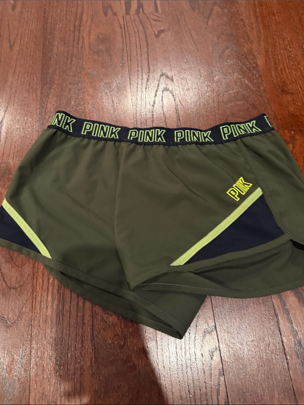 PINK Victoria's Secret Olive Athletic Shorts with Lime and Navy Trim